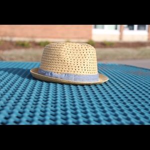 Straw fedora with chambray accessory + bow!